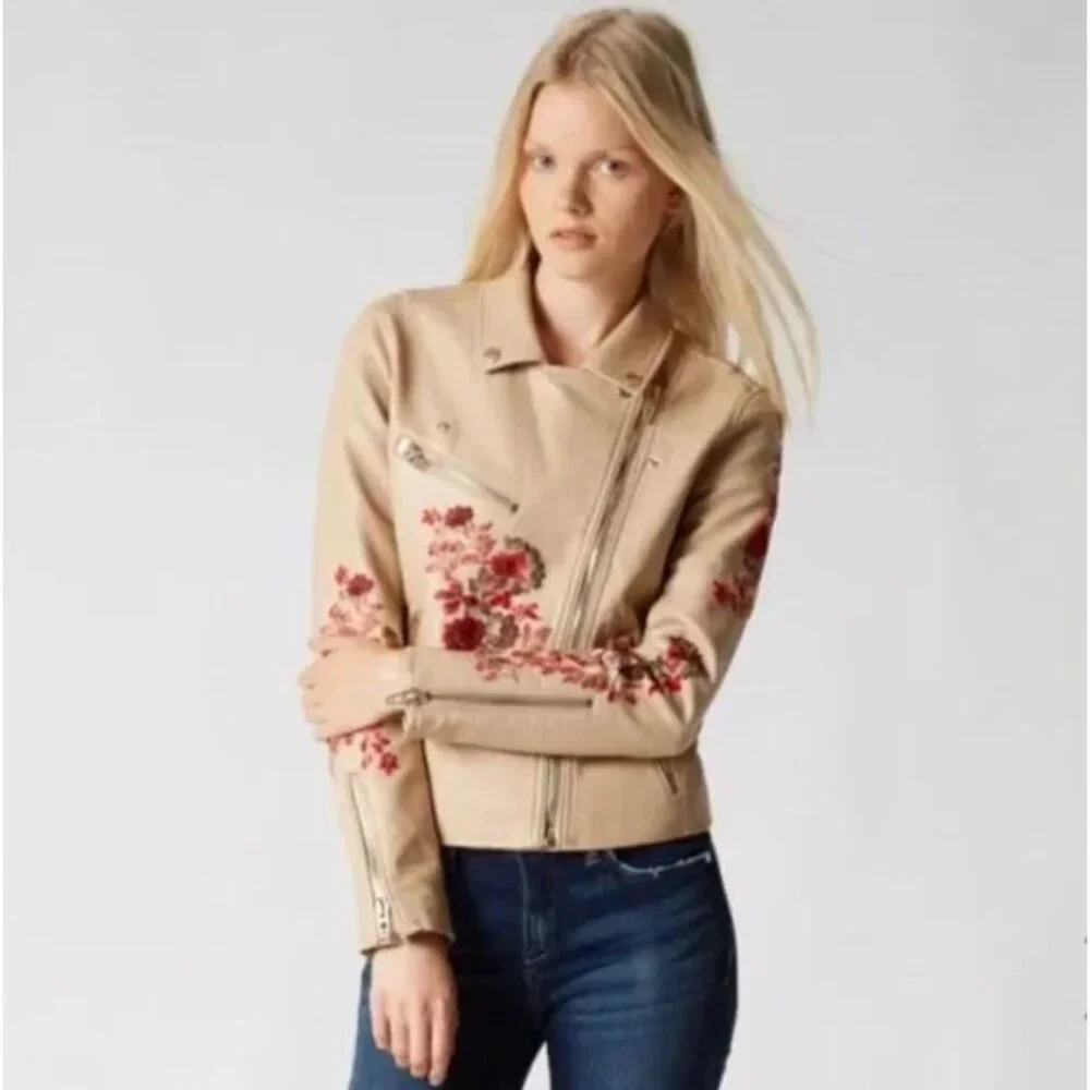 NWT Blank NYC Tan Floral Embroidered Vegan Leather Moto Jacket Size XS Biker - Picture 3 of 10